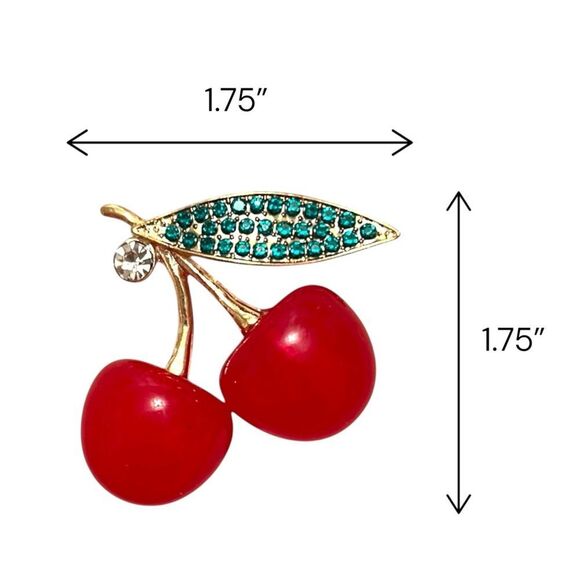 Red Cherry with Green Crystal Leaf Gold Tone Brooch - Picture 5 of 5